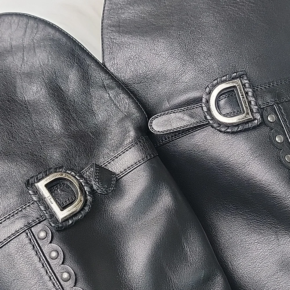 DIOR Agneaua Over The Knee Black Leather Designer Biker VTG Riding Flat Boots 40